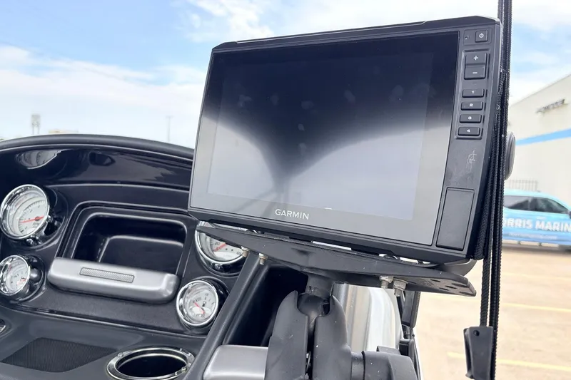 Slide: The Image of Garmin GPS system on 2021 Ranger 223FC boat dashboard with gauges. - 35