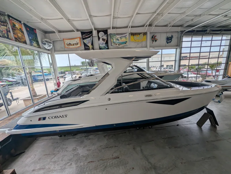 The Image of 2026 Cobalt A29 boat in showroom, side view. - 1