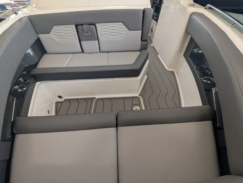 Slide: The Image of Interior of Cobalt A29 boat, luxurious gray upholstery, model year 2026. - 23