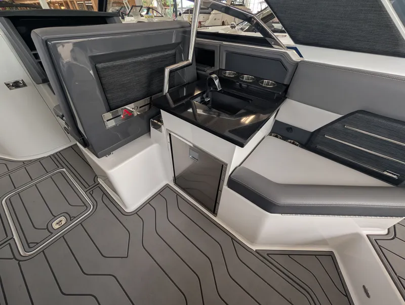 Slide: The Image of Interior of 2026 Cobalt A29 boat with modern seating and fixtures. - 24