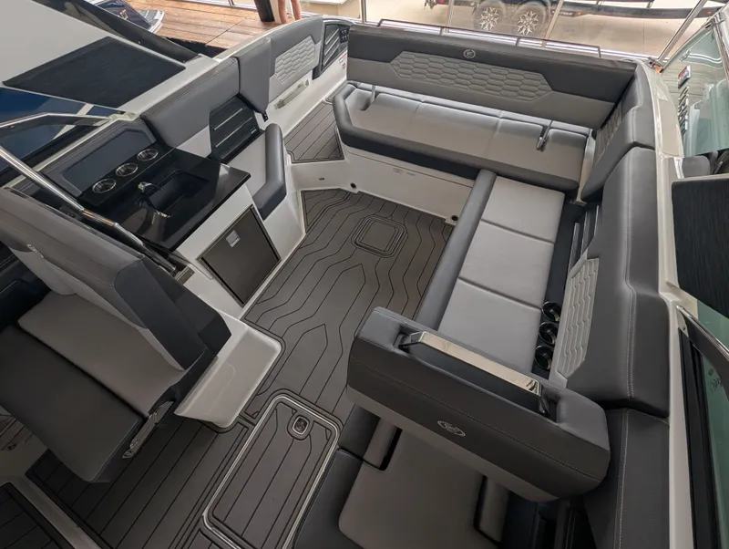 Slide: The Image of Interior of 2026 Cobalt A29 boat with gray upholstery. - 30