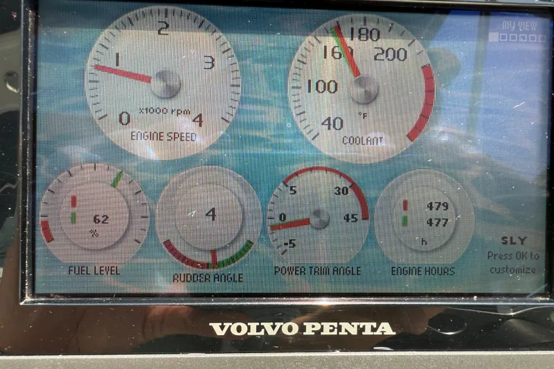 Slide: The Image of Dashboard of a 2012 Formula 350 Sun Sport showing engine speed, coolant, and fuel levels. - 62