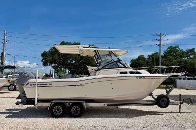 Slide: The Image of 2016 Grady-White Journey 258 boat on trailer, parked outdoors under clear blue sky. - 4