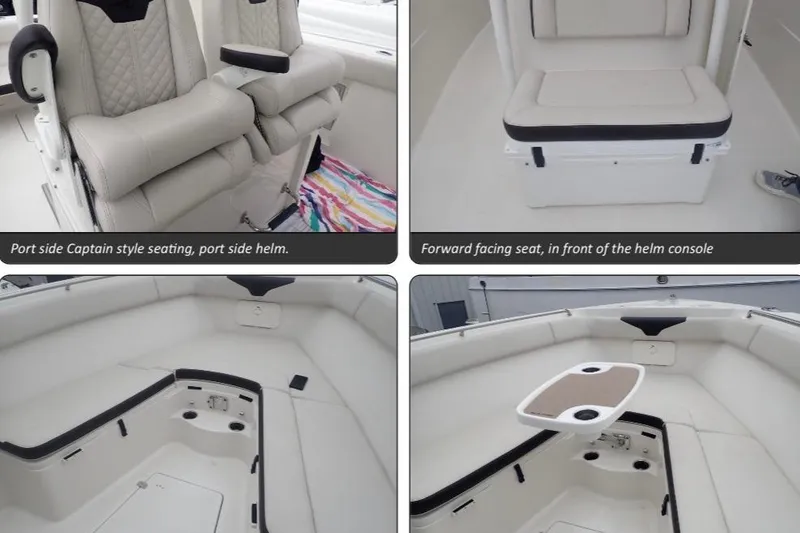 Slide: The Image of 2022 Sailfish 320 CC boat interior with captain seating and forward-facing helm seat. - 9