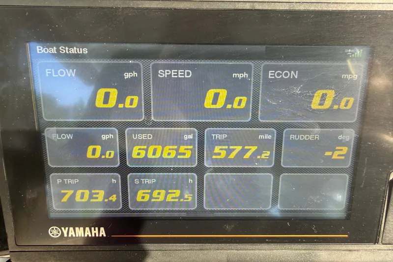 Slide: The Image of Dashboard display of a 2019 Century 3200 Center Console boat showing various metrics. - 56