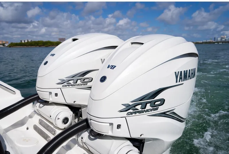 Slide: The Image of Twin Yamaha XTO Offshore V8 engines on a 2019 Century 3200 Center Console boat. - 7