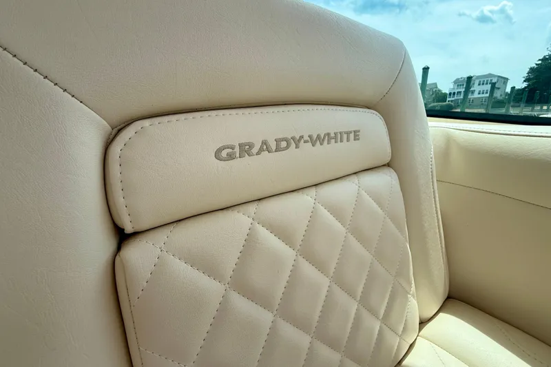 Slide: The Image of Luxurious leather seating in 2021 Grady-White Express 370 boat, showcasing elegant craftsmanship. - 17