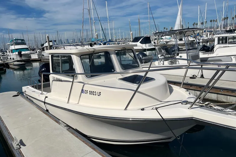 Slide: The Image of 2023 Defiance Admiral 220 EX boat docked in a marina with other vessels. - 1