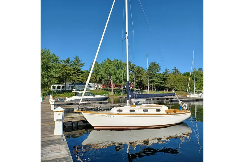 The Image of 1982 Cape Dory sailboat docked at a serene marina with lush greenery. - 1
