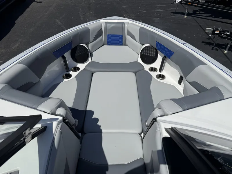 Slide: The Image of Interior of 2022 Malibu Wakesetter 25 LSV with gray upholstery. - 24