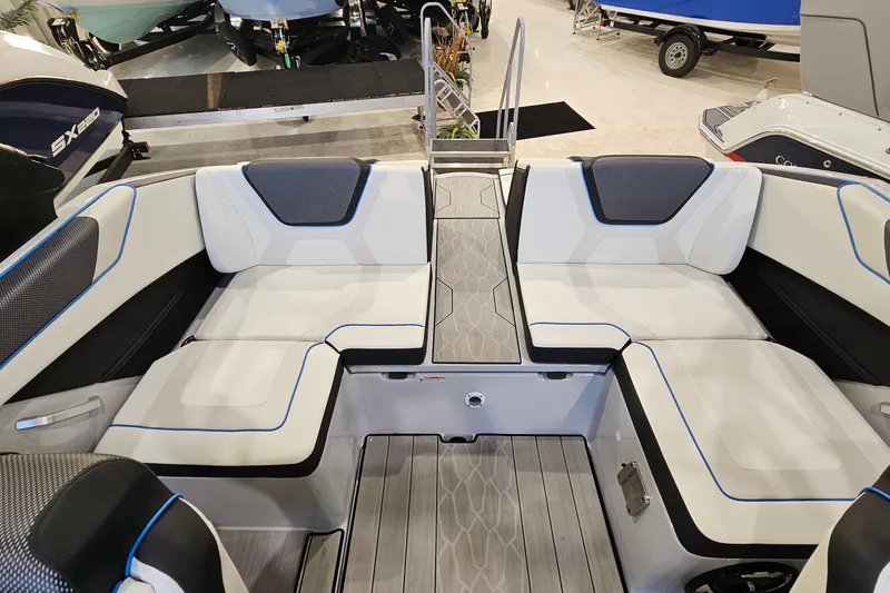 Slide: The Image of 2023 Yamaha Boats 222XD interior with sleek seating and modern design. - 8