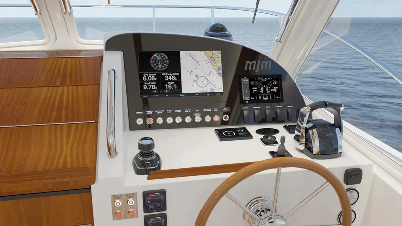 Slide: The Image of MJM Yachts 38R helm, 2027 model, featuring advanced navigation systems. - 4