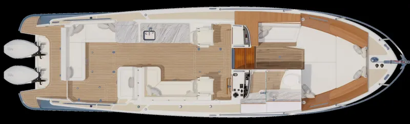 Slide: The Image of Top view of MJM Yachts 38R, 2027 model, featuring dual outboard engines. - 6