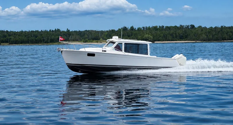The Image of A white motorboat speeds across calm water, surrounded by trees along the shoreline. - 0