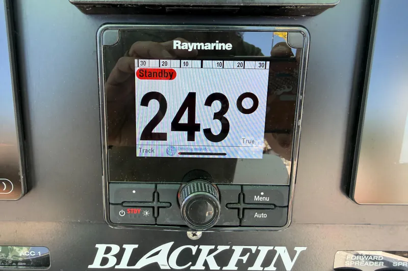 Slide: The Image of Raymarine display on 2019 Blackfin 242 CC showing 243-degree heading in standby mode. - 33