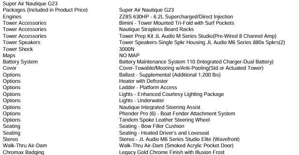 Slide: The Image of List of features for the 2025 Nautique G23 boat model. - 13