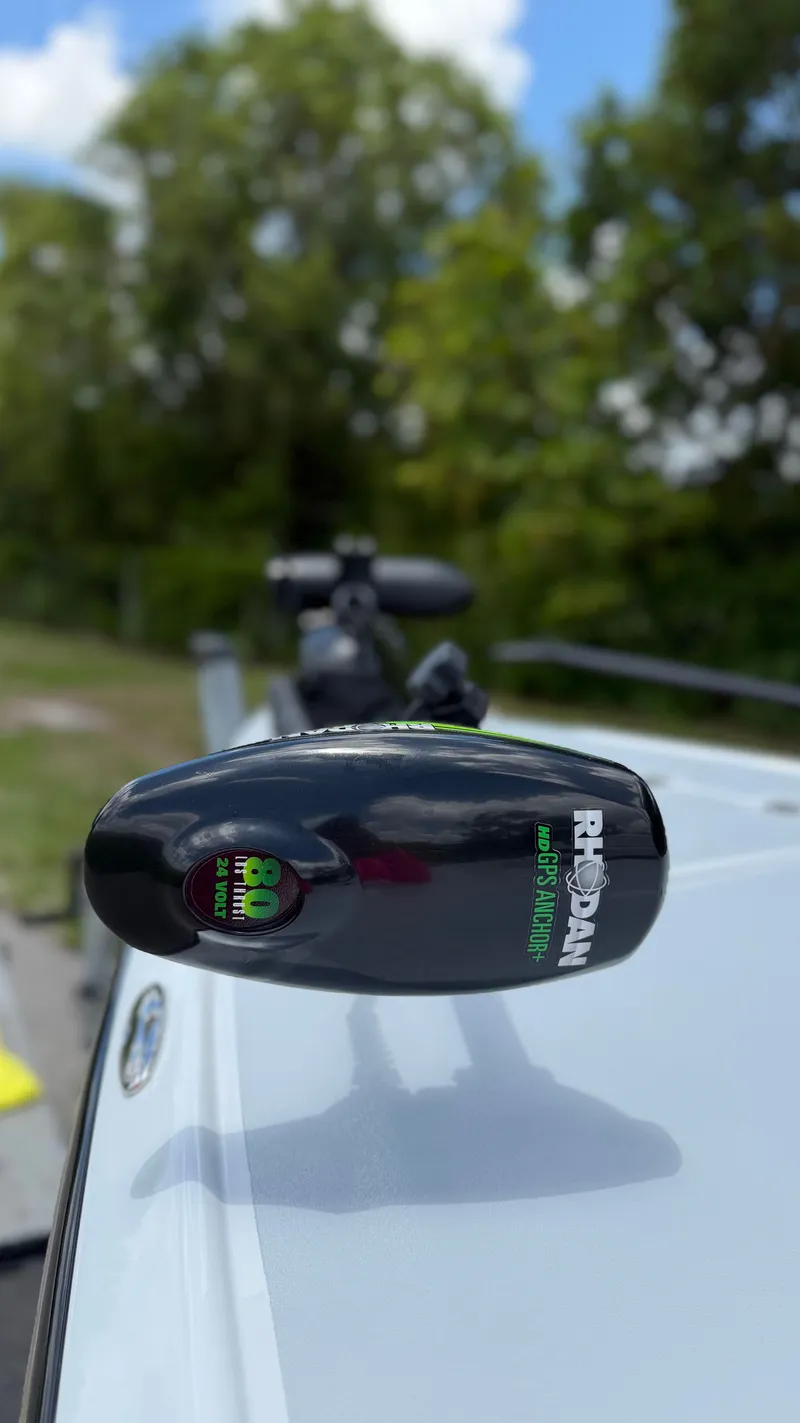 Slide: The Image of Close-up of a 1997 Back Country 171 Pro Guide boat with Rhodan GPS anchor. - 17
