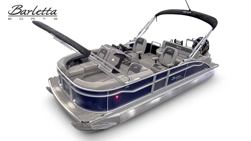 Slide: The Image of 2026 Barletta A22UC pontoon boat with luxurious design and seating arrangement. - 2