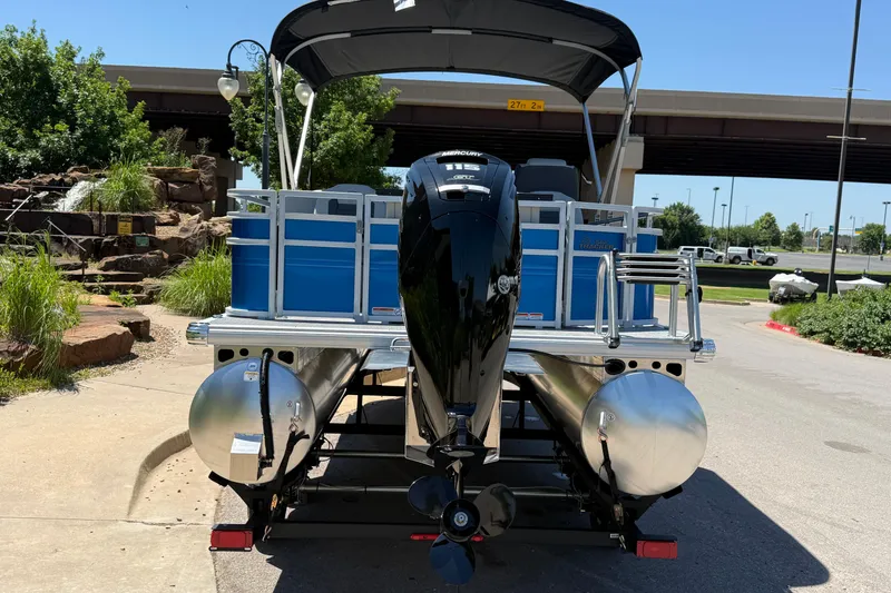 Slide: The Image of 2026 Sun Tracker Fishin' Barge 20 DLX pontoon boat with Mercury outboard motor. - 10