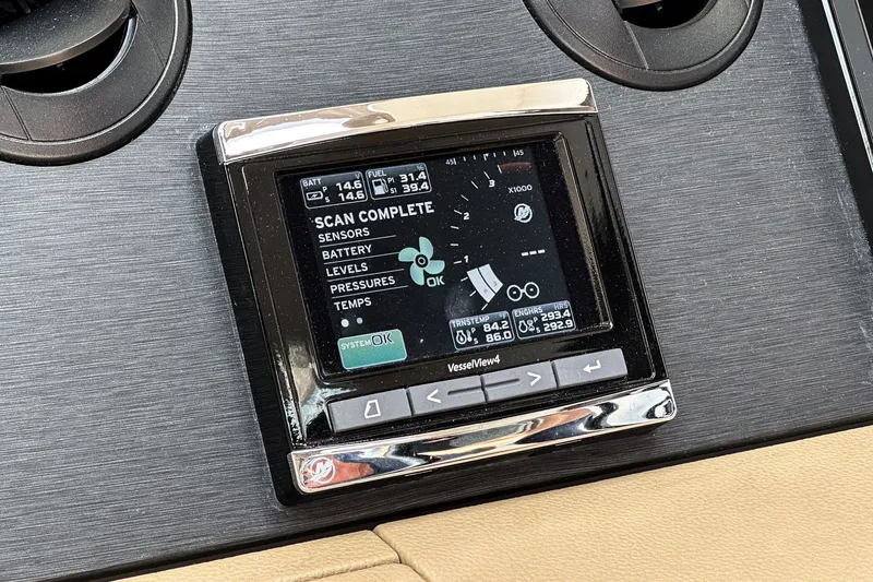 Slide: The Image of Dashboard display of a 2017 Sea Ray Sundancer 400, showing system diagnostics and status. - 26