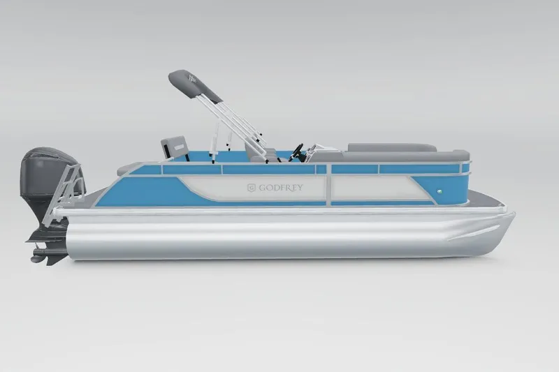 Slide: The Image of 2026 Godfrey EX 2286 SFLX pontoon boat, blue and silver design, side view. - 3