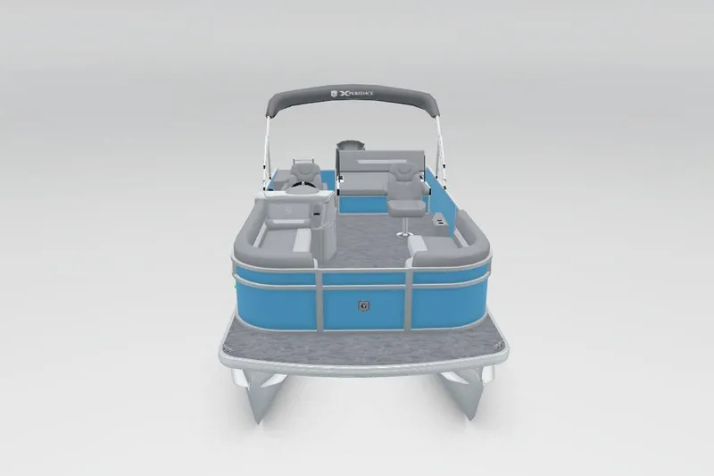 Slide: The Image of 2026 Godfrey EX 2286 SFLX pontoon boat, blue and gray design, front view. - 4