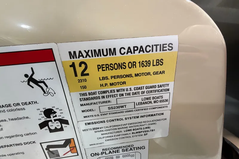 Slide: The Image of 2024 Lowe SS 230 boat capacity label: 12 persons or 1639 lbs, 150 HP motor. - 15
