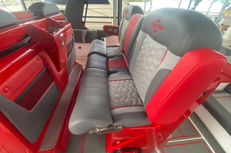 Slide: The Image of Red and gray seating in 2025 Fountain 38 SCX boat interior, showcasing modern design. - 15