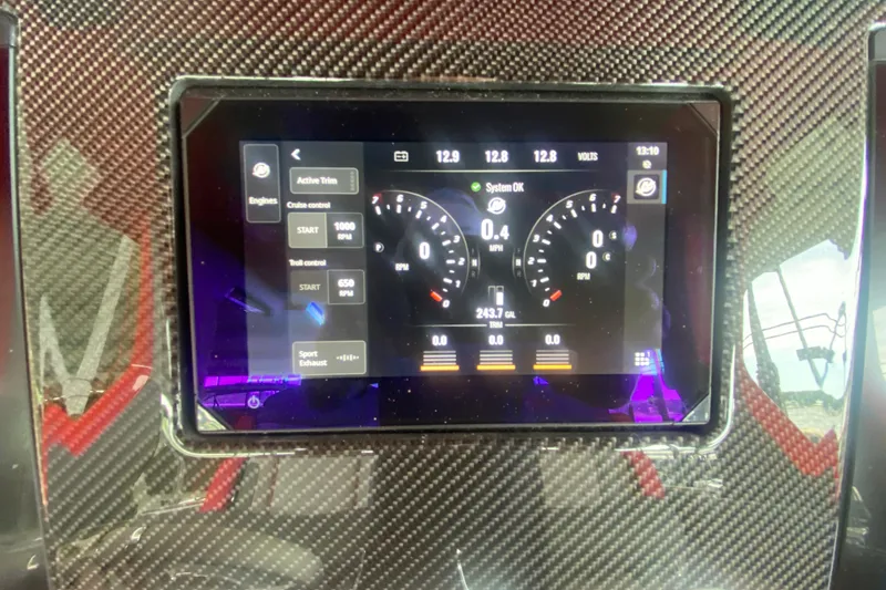 Slide: The Image of Dashboard display of 2025 Fountain 38 SCX boat, showing speed, RPM, and system status. - 19