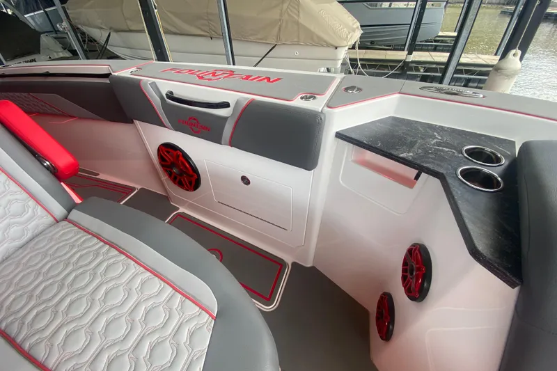 Slide: The Image of Interior of 2025 Fountain 38 SCX boat with stylish seating and modern amenities. - 27