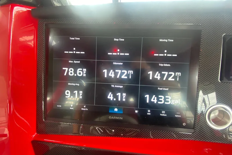 Slide: The Image of Garmin display on 2025 Fountain 38 SCX showing speed, odometer, and fuel usage. - 31