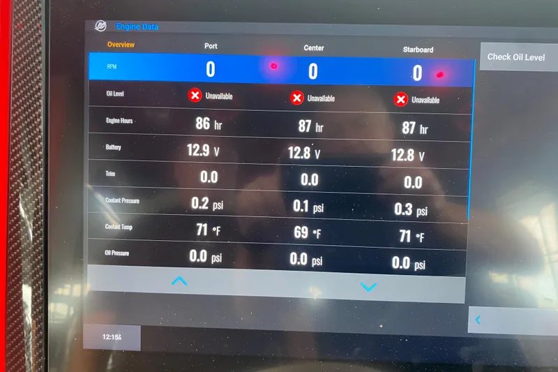 Slide: The Image of Dashboard of 2025 Fountain 38 SCX showing engine data and oil level status. - 32
