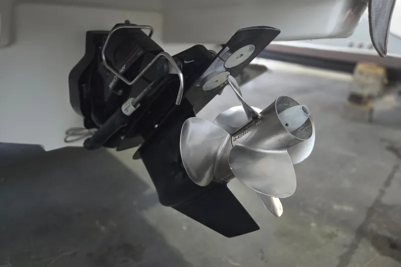 Slide: The Image of Close-up of a 2005 Sea Ray 270 SLX boat propeller and outdrive. - 26