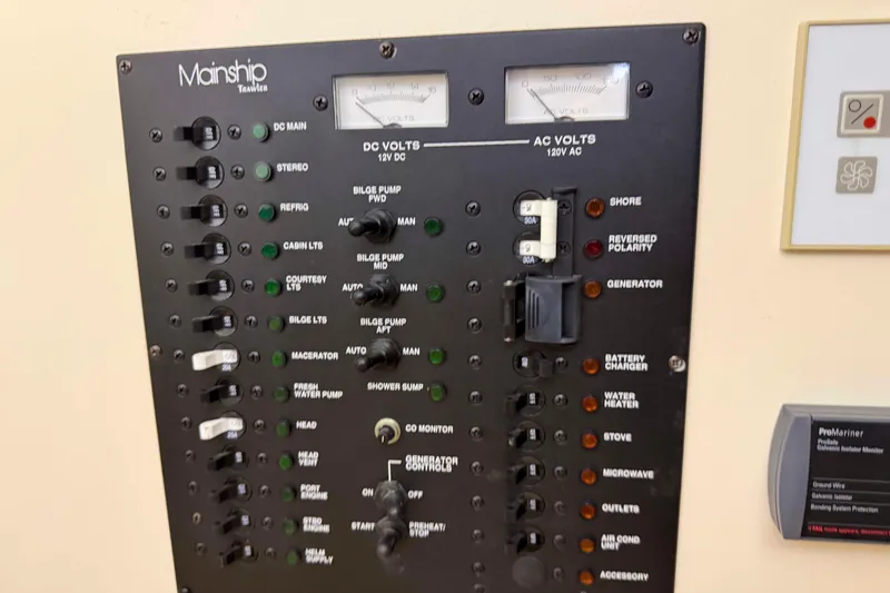 Slide: The Image of Electrical control panel of a 2005 Mainship Pilot 34 boat, featuring various switches and gauges. - 42
