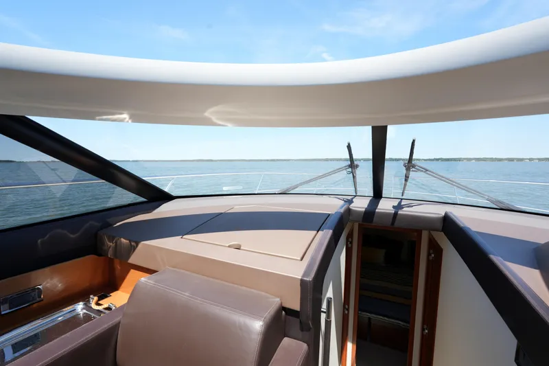 Slide: The Image of Interior view of 2015 Prestige 500S yacht with open sea in background. - 43
