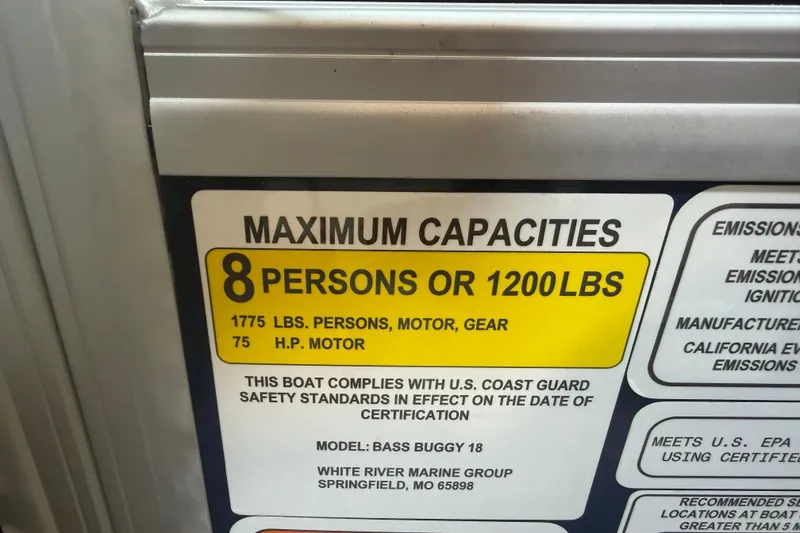 Slide: The Image of Capacity label for 2023 Sun Tracker Bass Buggy 18 DLX, 8 persons or 1200 lbs. - 15