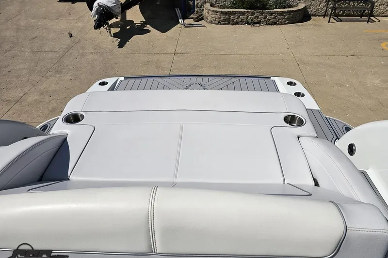 Slide: The Image of 2015 Formula 350 Sun Sport boat with sleek white seating and cup holders. - 117