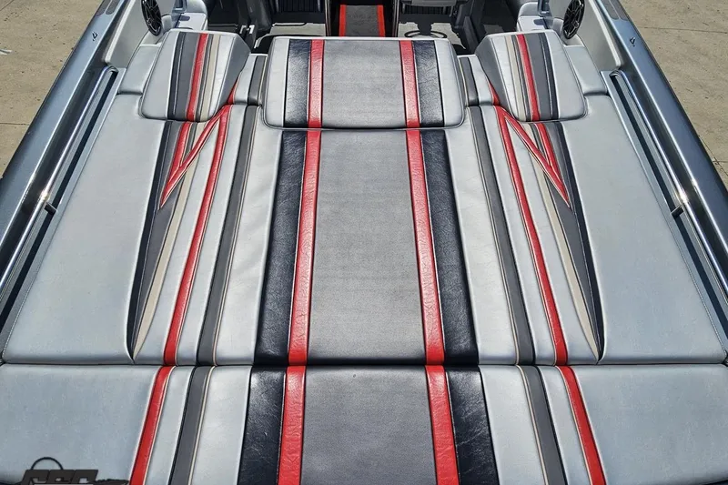 Slide: The Image of 2012 Formula 353 FASTech boat interior with sleek red and black striped upholstery. - 36