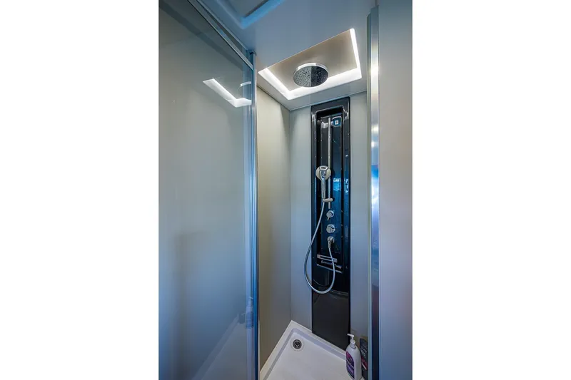 Slide: The Image of Modern shower in 2019 Azimut Atlantis 51 yacht, featuring sleek design and fixtures. - 56