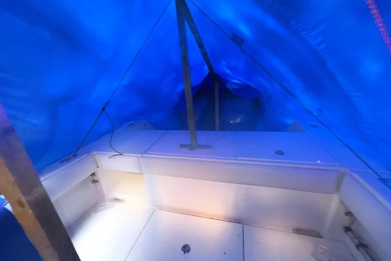 Slide: The Image of 2005 Regulator 32 Forward Seating boat under blue tarp cover. - 17