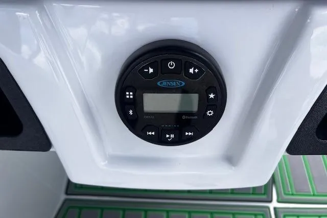 Slide: The Image of Jensen audio system on 2022 Tahoe 185 S boat dashboard with Bluetooth connectivity. - 14