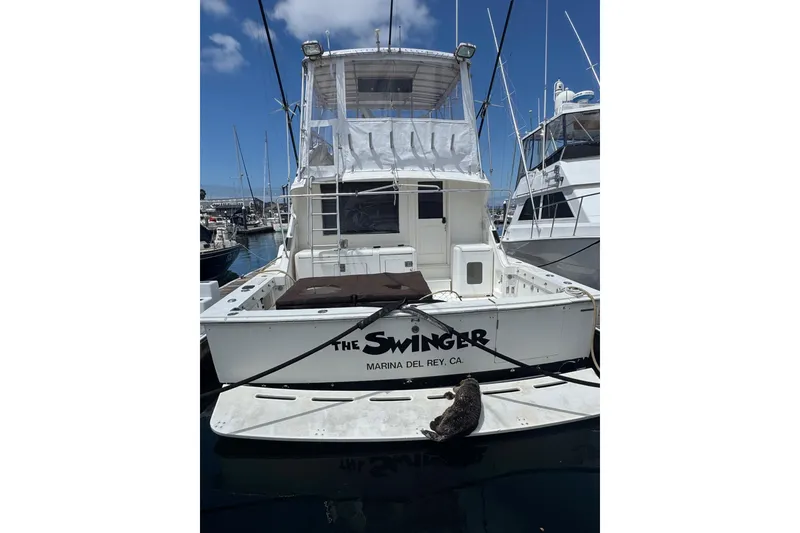 Slide: The Image of 1988 Bertram 50 Convertible yacht named "The Swinger" docked at Marina del Rey, CA. - 2