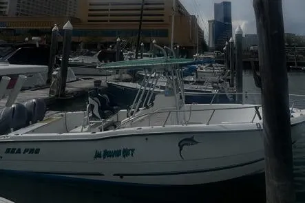 Slide: The Image of 2001 Sea Pro 255 Center Console boat docked at a marina with cityscape background. - 4