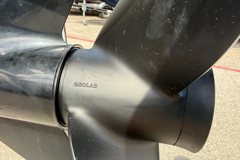 Slide: The Image of Close-up of a Solas propeller on a 2021 Sun Tracker SportFish 22 DLX boat. - 10