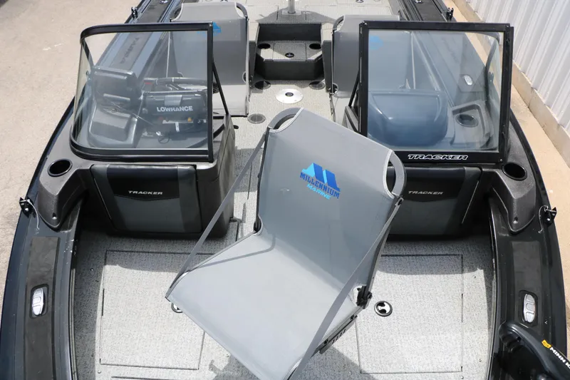 Slide: The Image of 2022 Tracker Targa V-19 Combo boat interior with Millennium Marine seat and Lowrance equipment. - 18