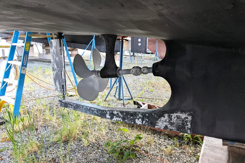 Slide: The Image of Underwater view of 2006 North Pacific 42 Pilothouse propeller and rudder on dry dock. - 58