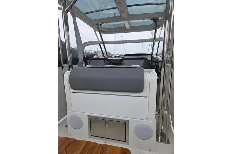 Slide: The Image of Interior view of 2023 Nimbus T9 boat with modern seating and sleek design. - 27