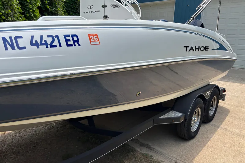 Slide: The Image of 2020 Tahoe 2150 CC boat on trailer, displaying registration number NC 4421 ER. - 24