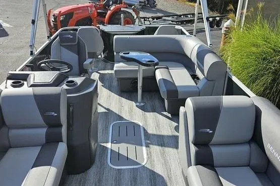 Slide: The Image of 2026 Bennington 22 SF pontoon boat interior with gray seating and modern design. - 6