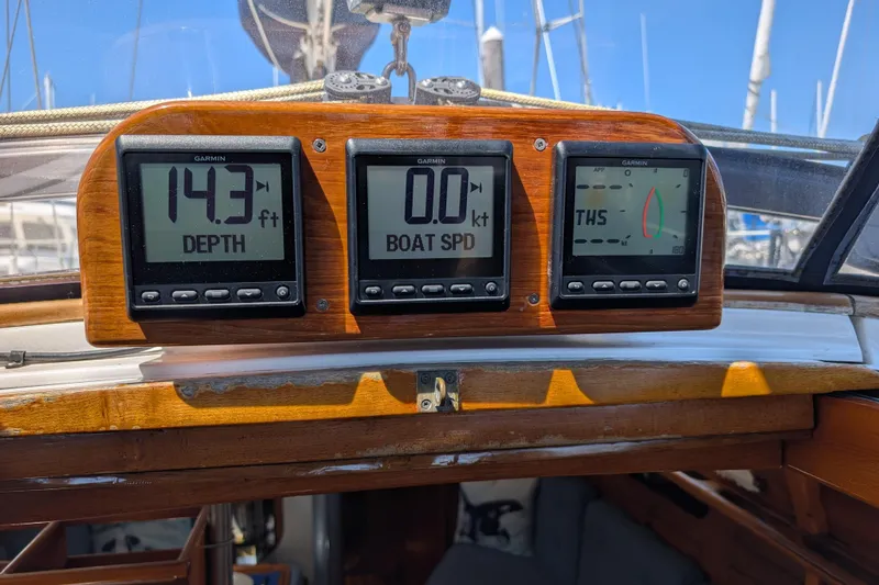 Slide: The Image of Cockpit instruments on a 1984 Ohlson 38 sailboat displaying depth, speed, and wind data. - 31